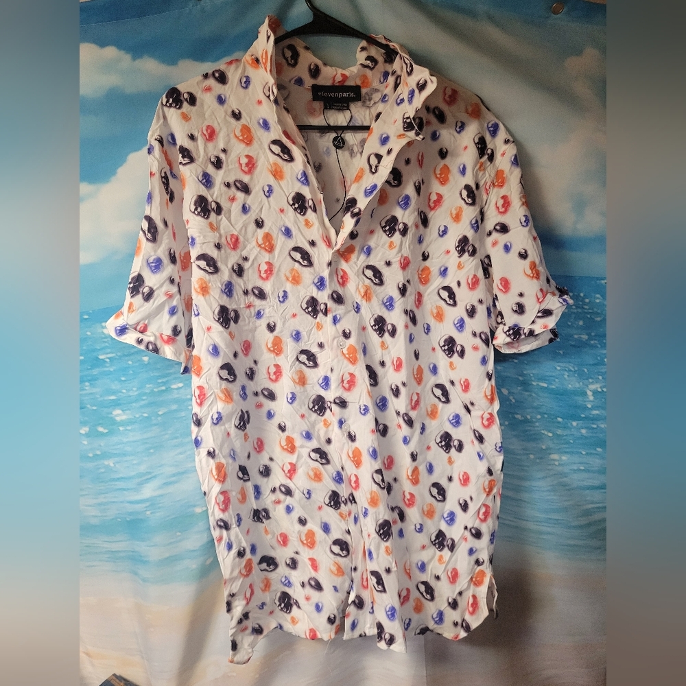 Elevensparis NWOT Multicolor Skull Pattern Mens‎ Button Down Shirt Size Large